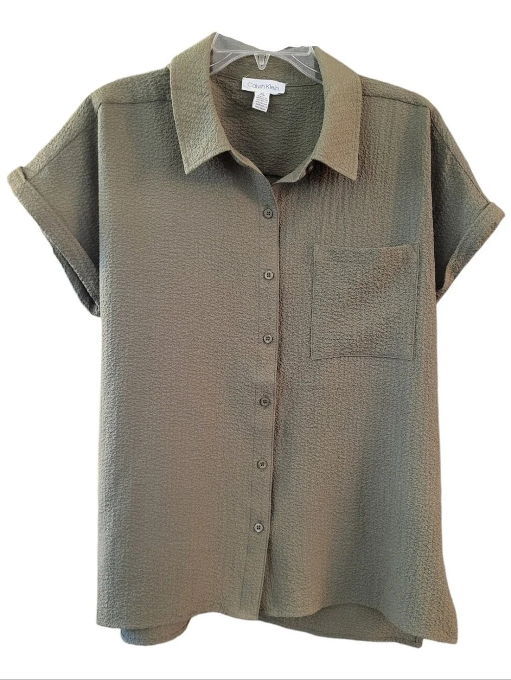 Calvin Klein Women's Olive Cuffed Short Sleeve Button-Down Camp Shirt - Size M